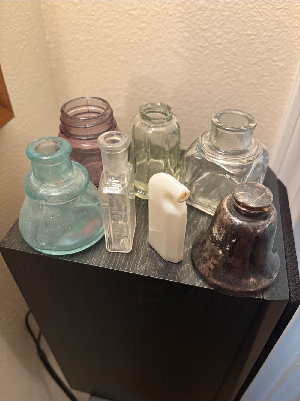Lot of 7 vintage ink pots, toothpaste bottles, Vaseline jar